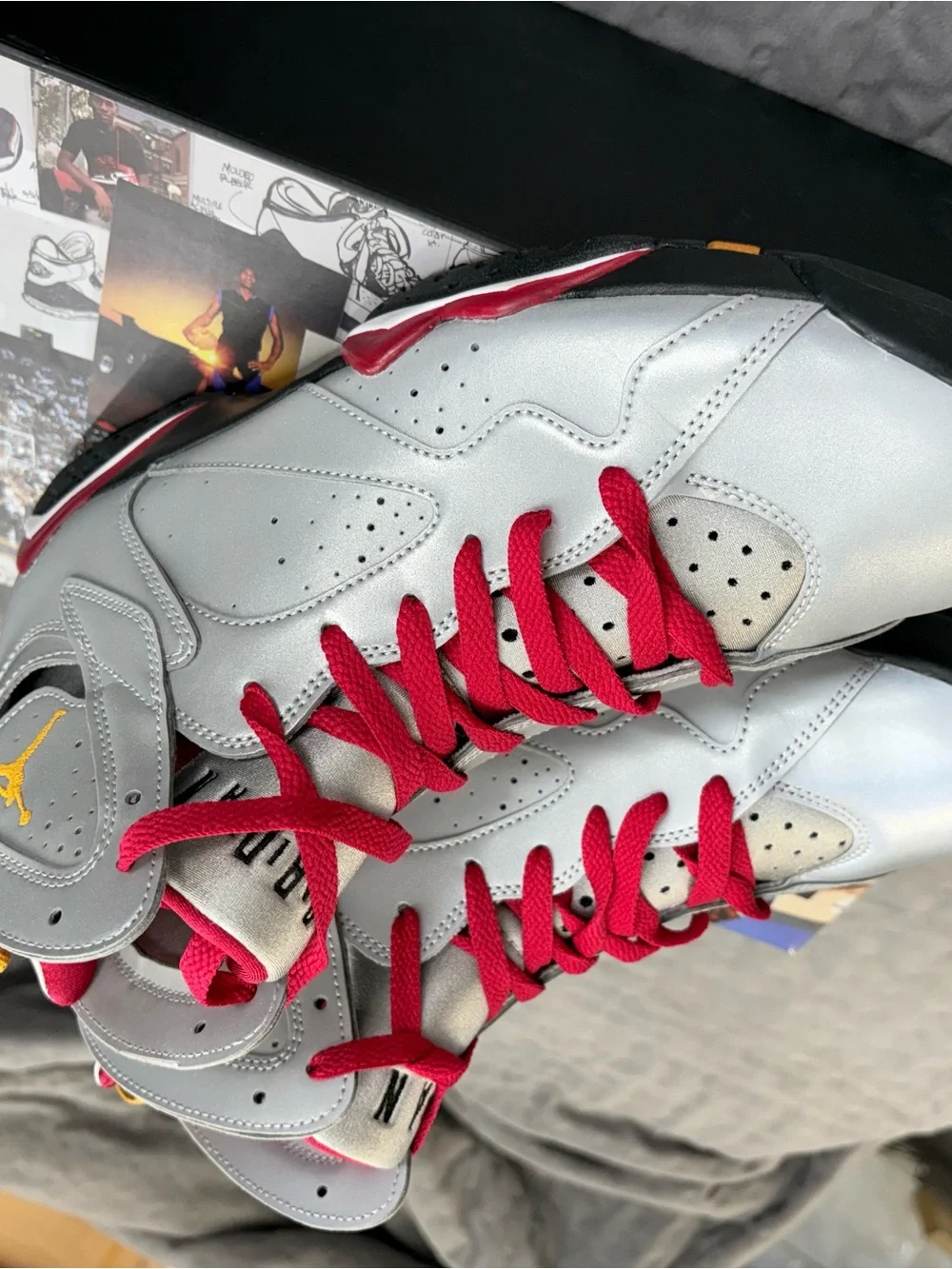 Jordan Men's Silver Sneakers with Red and Gold Accents